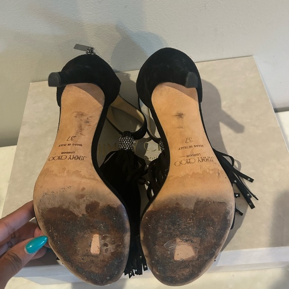 Rare Jimmy Choo Viola 100 Black Suede Fringe Heels| sz 37 | 7us - Picture 7 of 9